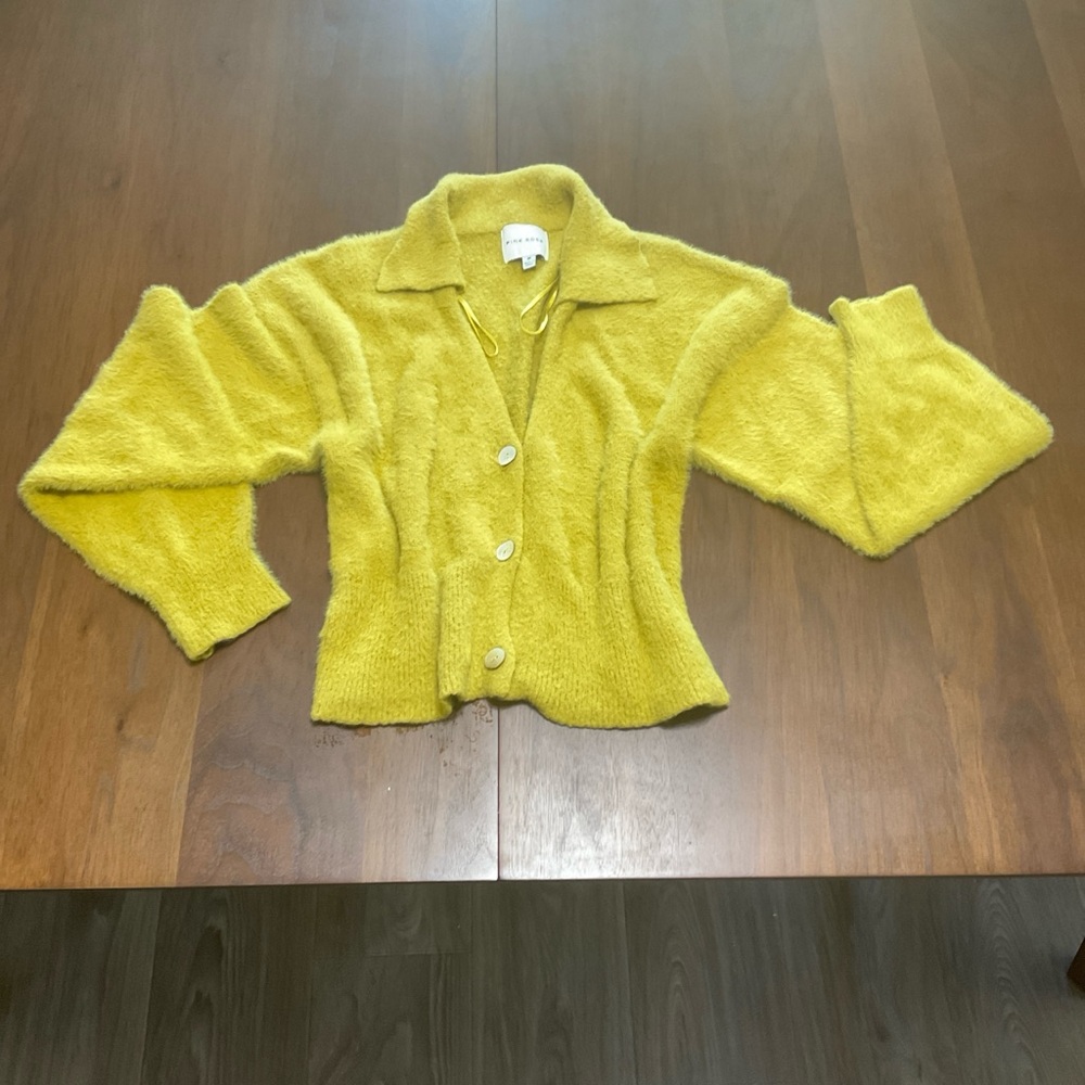 Pink Rose Yellow Fuzzy Button-Up Cardigan – Size M